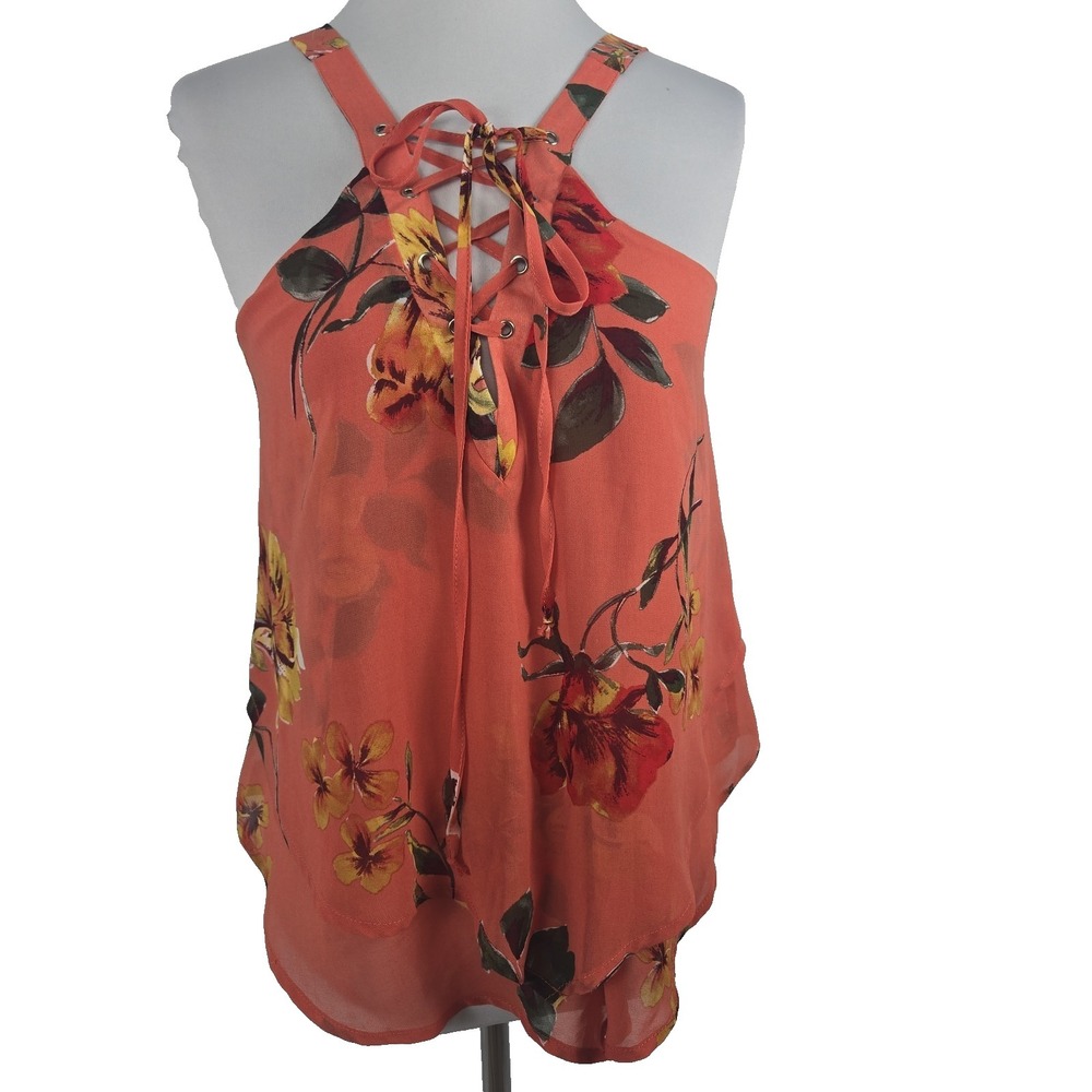 DayTrip Orange Floral Corset Tie Front Halter Style Layered Chiffon Top Junior S